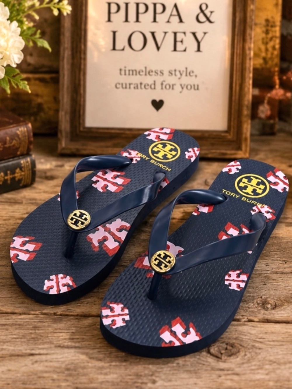 Tory Burch Signature Logo Print Flip Flops | Navy/Red/White | Size 6M | NEW